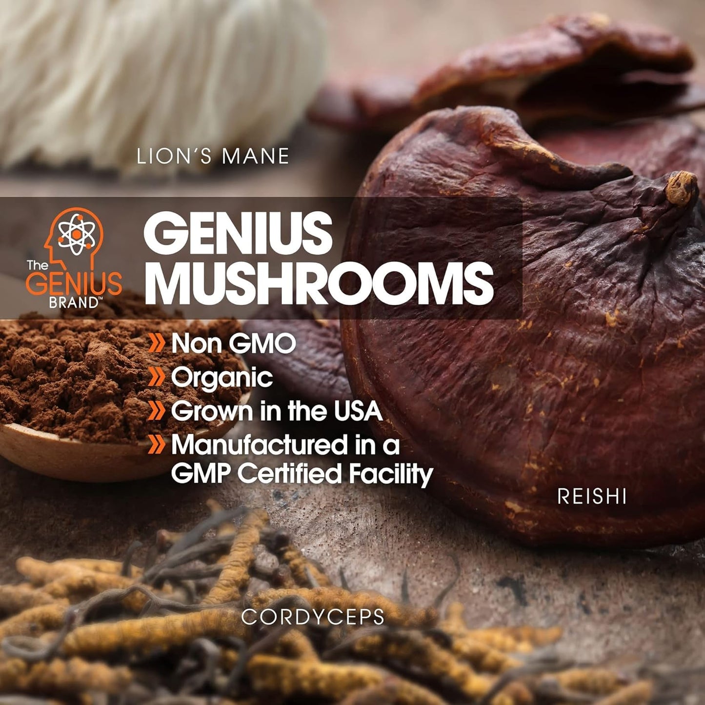 Genius Mushroom Supplement with Lions Mane, Cordyceps, Reishi - Brain Nootropic for Energy, Focus, Wellness, Immune Support - 90 Capsules