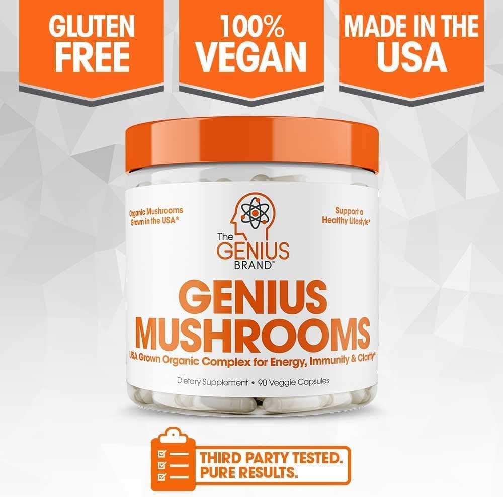 Genius Mushroom Supplement with Lions Mane, Cordyceps, Reishi - Brain Nootropic for Energy, Focus, Wellness, Immune Support - 90 Capsules