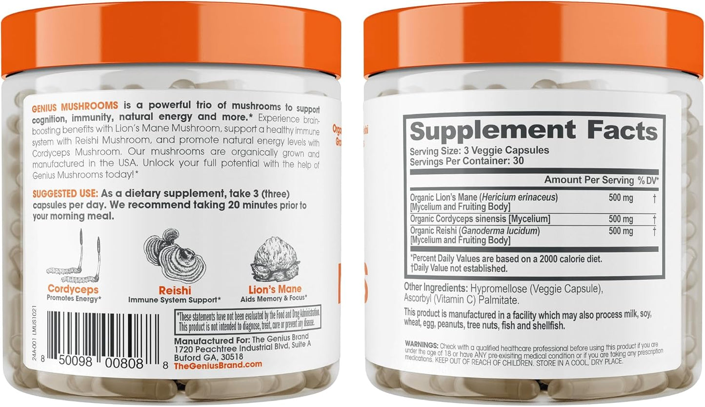 Genius Mushroom Supplement with Lions Mane, Cordyceps, Reishi - Brain Nootropic for Energy, Focus, Wellness, Immune Support - 90 Capsules