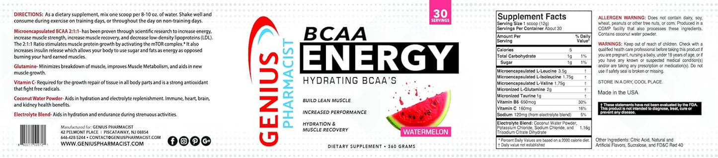 Genius Pharmacist BCAA Energy Powder for Lean Muscle Building - Watermelon Flavor, 30 Servings