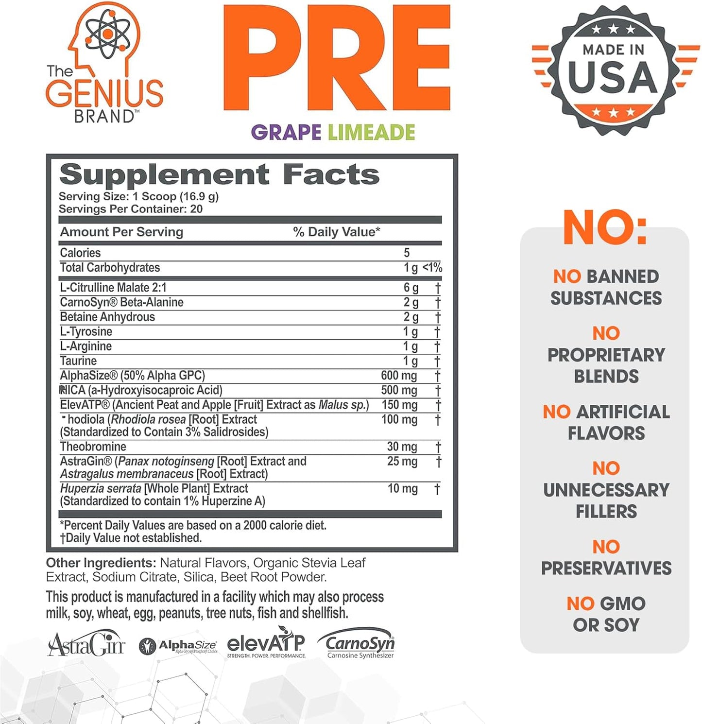 Genius Pre Workout Powder, Grape Limeade - Natural Nootropic & Caffeine-Free Nitric Oxide Supplement