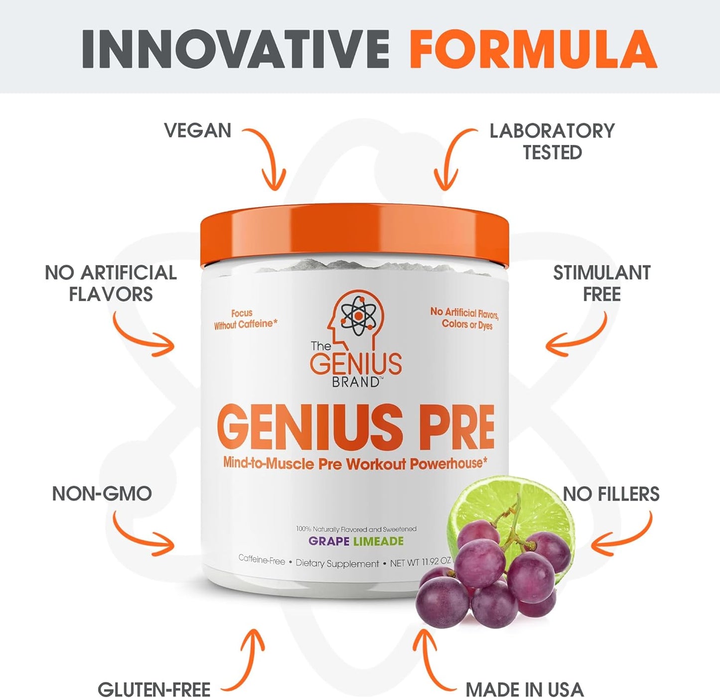 Genius Pre Workout Powder, Grape Limeade - Natural Nootropic & Caffeine-Free Nitric Oxide Supplement