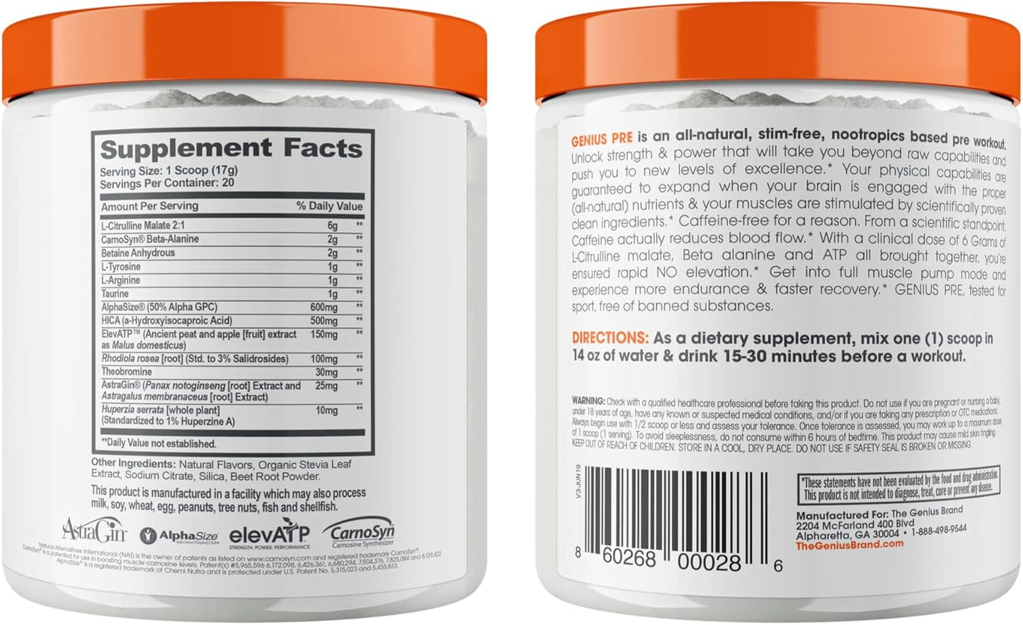Genius Pre Workout Powder, Grape Limeade - Natural Nootropic & Caffeine-Free Nitric Oxide Supplement