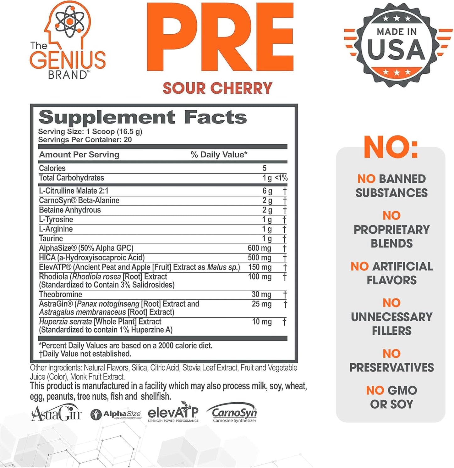 Genius Pre Workout Powder: Sour Cherry Flavor - Caffeine-Free Booster with Beta Alanine & Alpha GPC - No Artificial Sweeteners