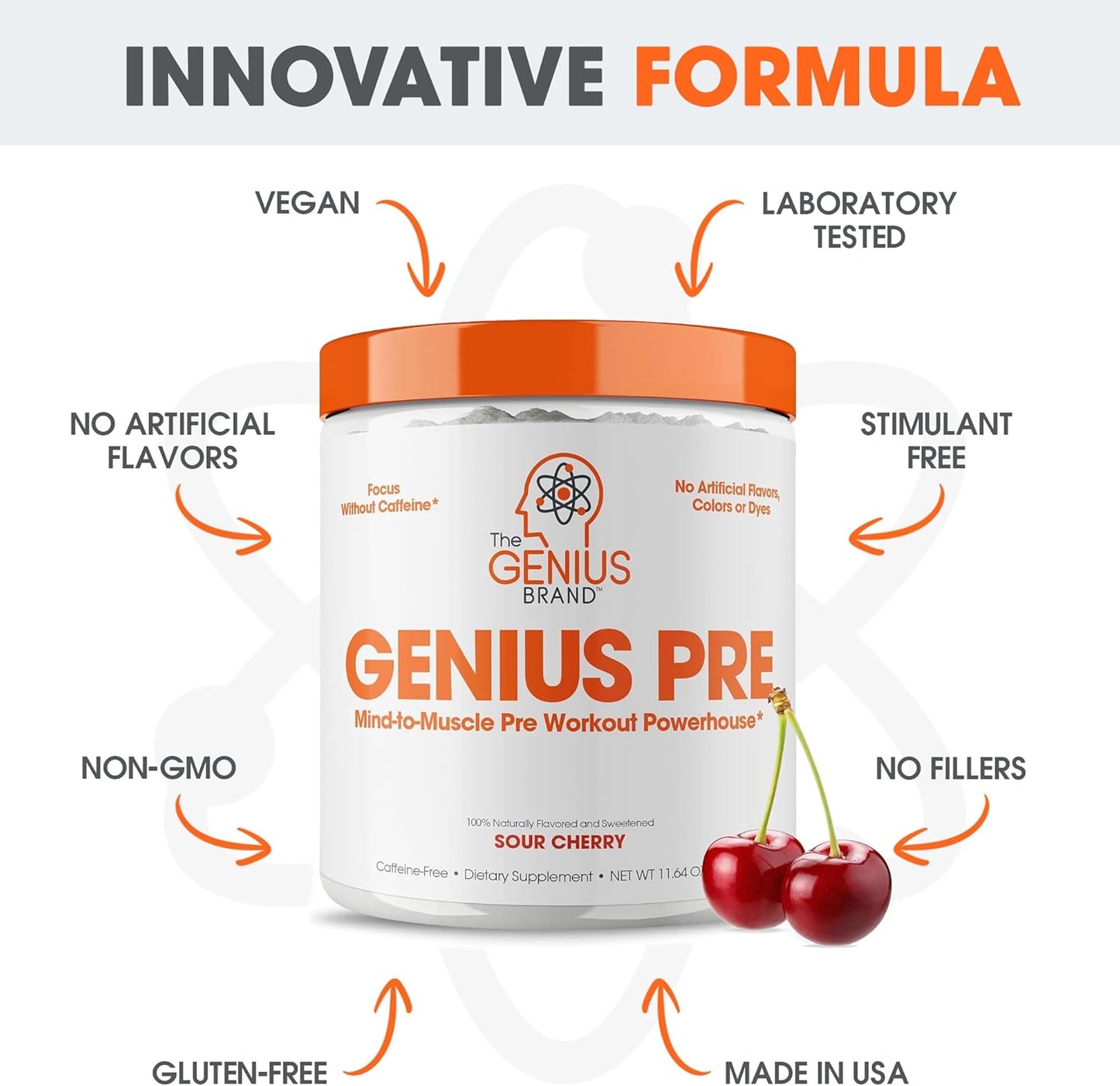 Genius Pre Workout Powder: Sour Cherry Flavor - Caffeine-Free Booster with Beta Alanine & Alpha GPC - No Artificial Sweeteners