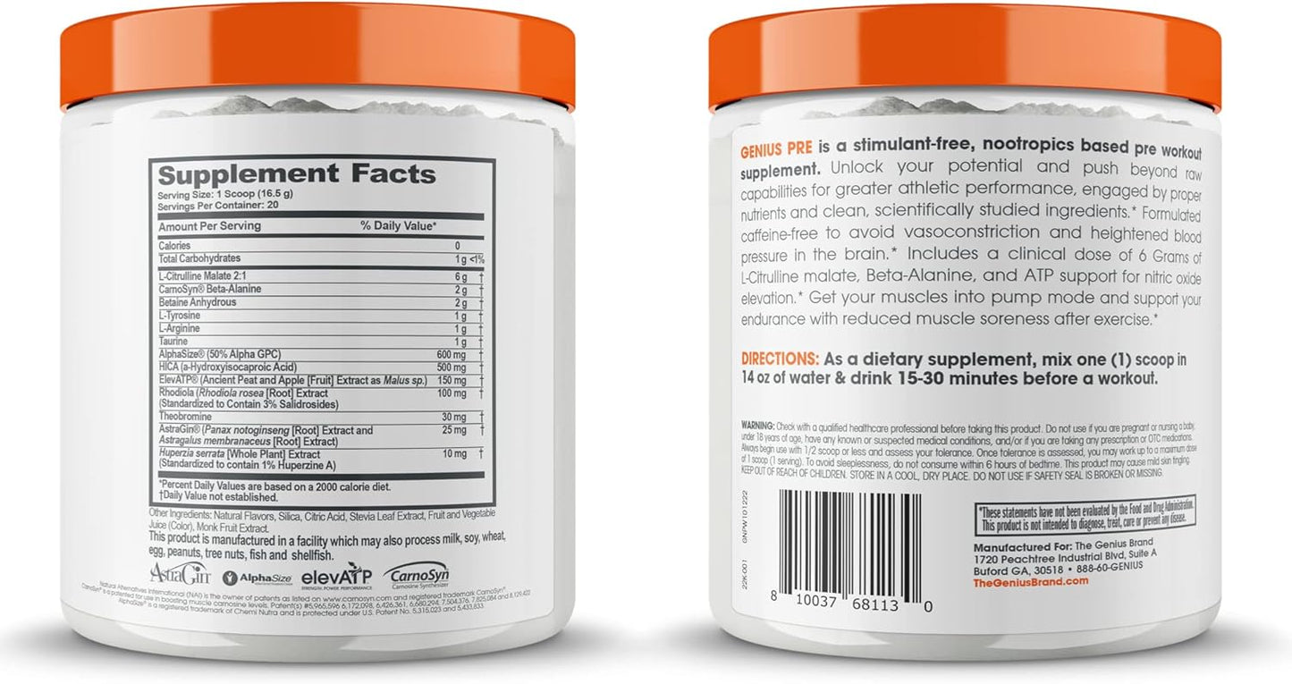 Genius Pre Workout Powder: Sour Cherry Flavor - Caffeine-Free Booster with Beta Alanine & Alpha GPC - No Artificial Sweeteners