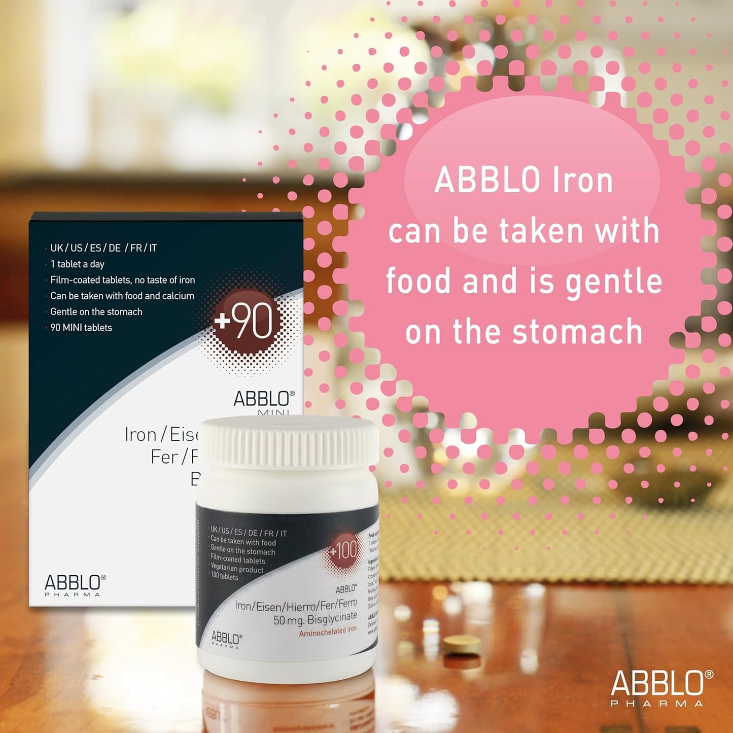 Gentle ABBLO Iron Bisglycinate 25mg for Stomach Comfort, Compatible with Food and Calcium Tablets