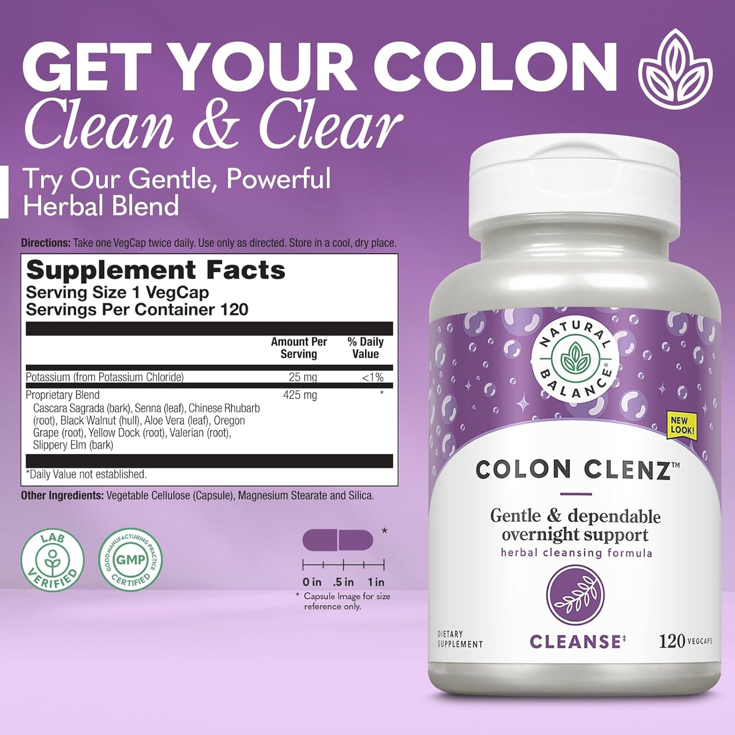 Gentle Herbal Colon Cleanse Detox Supplement - Natural Balance Colon Clenz - Overnight Formula - 60-Day Guarantee - 120 VegCaps