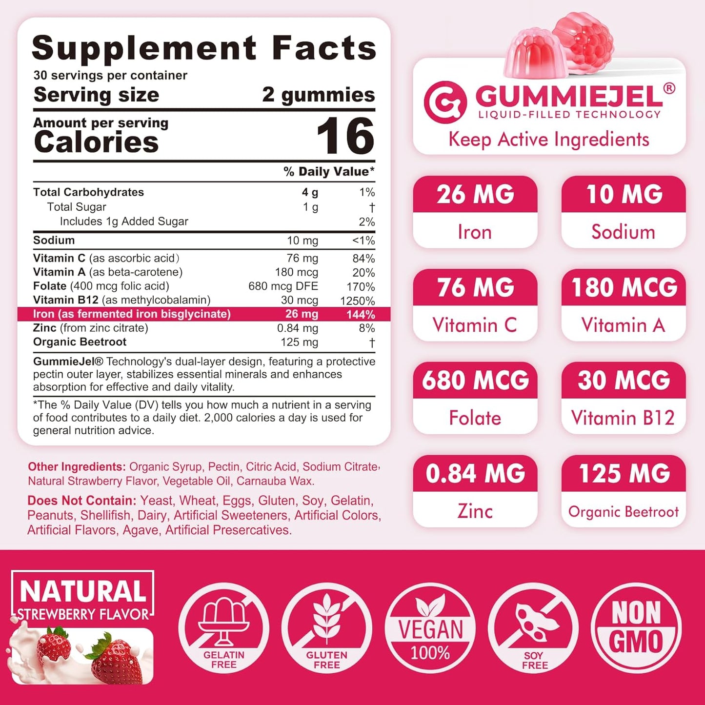 Gentle Iron Bisglycinate Gummies with Vitamin C, B12, Folate - Sugar-Free Vegan Supplement for Iron Deficiency, Immune & Energy Support - 60 Count