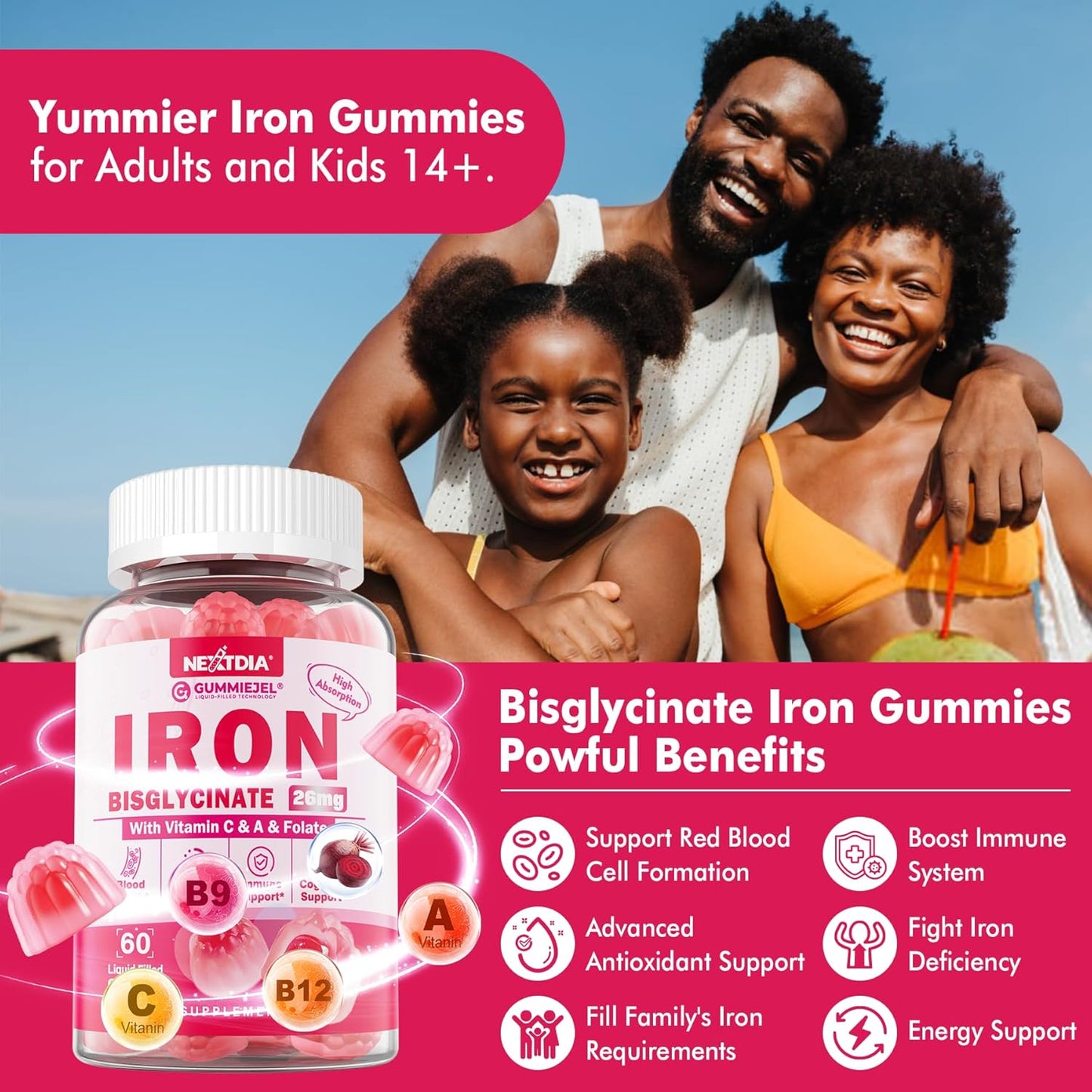 Gentle Iron Bisglycinate Gummies with Vitamin C, B12, Folate - Sugar-Free Vegan Supplement for Iron Deficiency, Immune & Energy Support - 60 Count