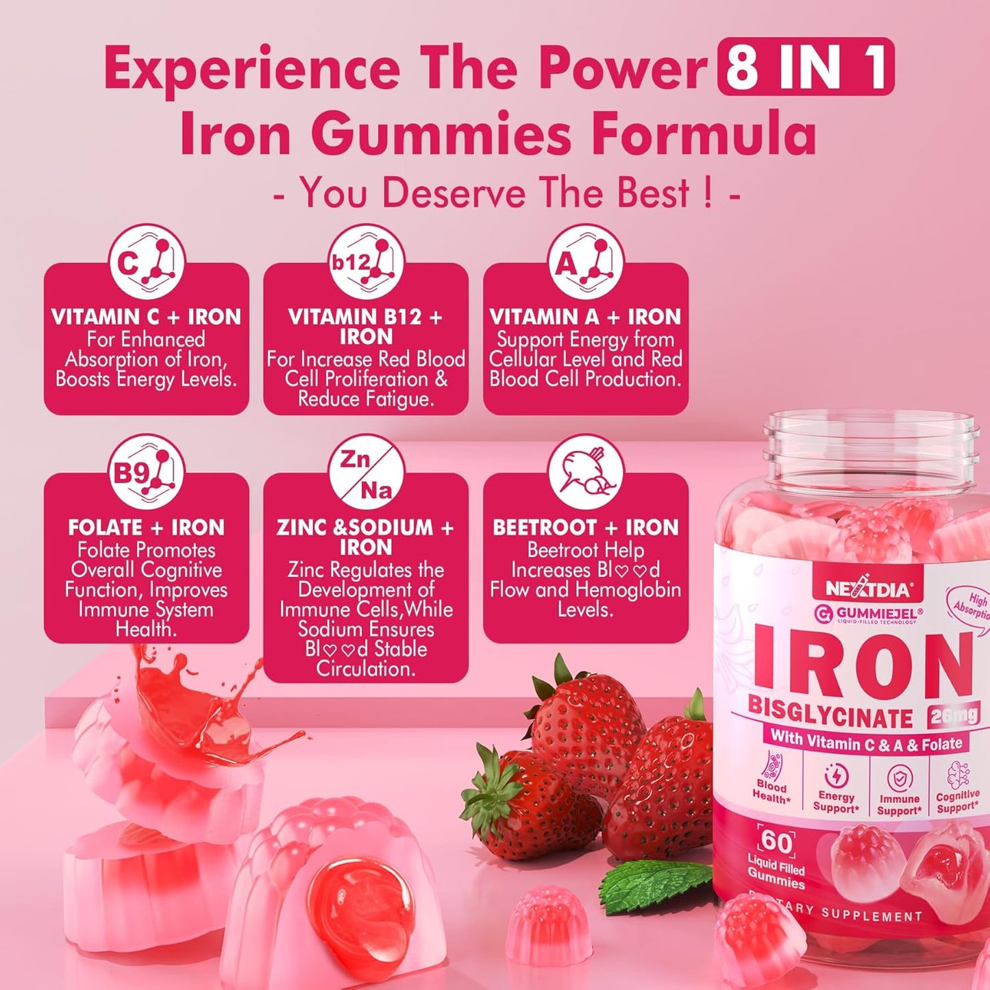 Gentle Iron Bisglycinate Gummies with Vitamin C, B12, Folate - Sugar-Free Vegan Supplement for Iron Deficiency, Immune & Energy Support - 60 Count