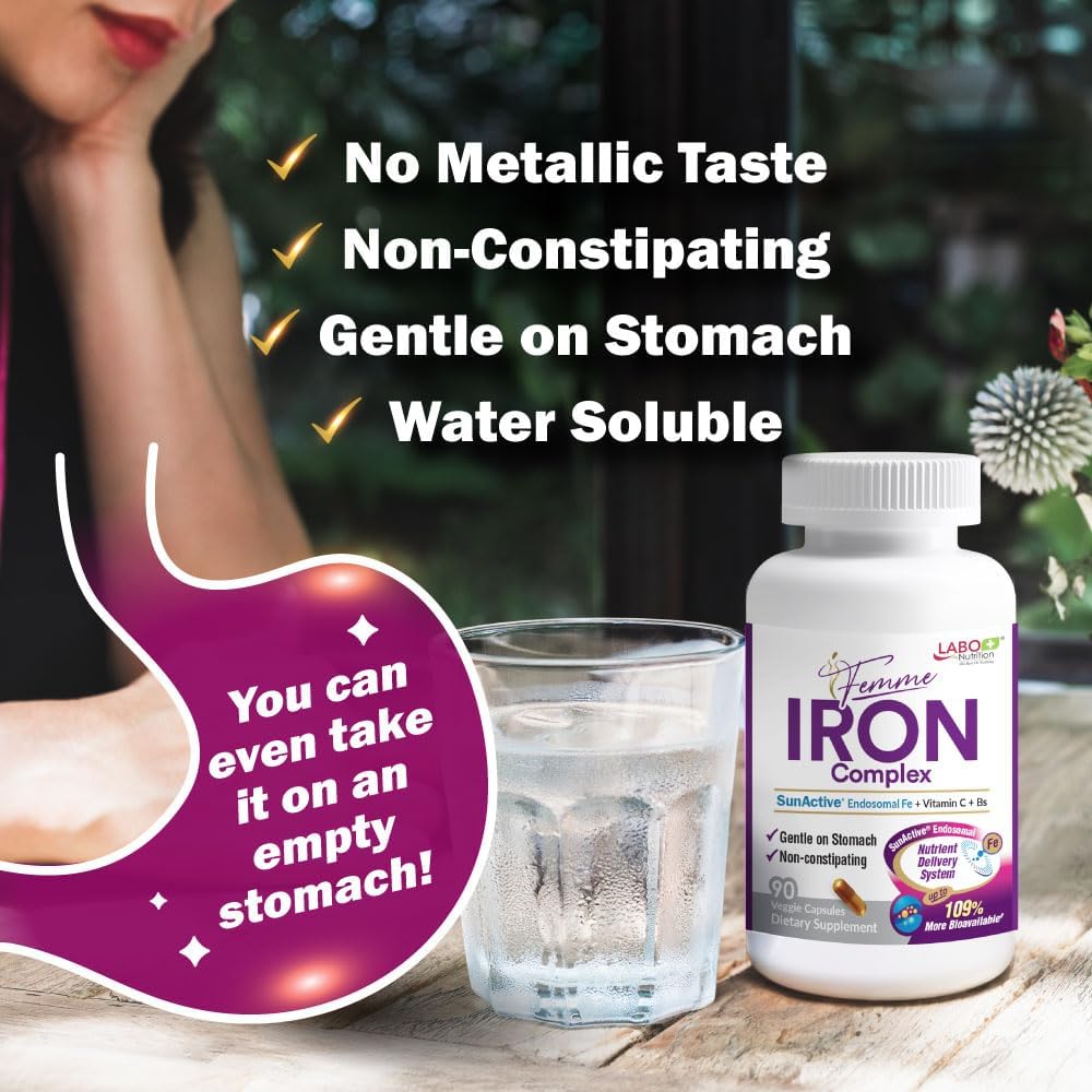 Gentle Iron Supplement for Women - 15mg Non-Constipating Vegan Capsules with No Metallic Aftertaste, Ideal for Sensitive Stomachs - 90 Count