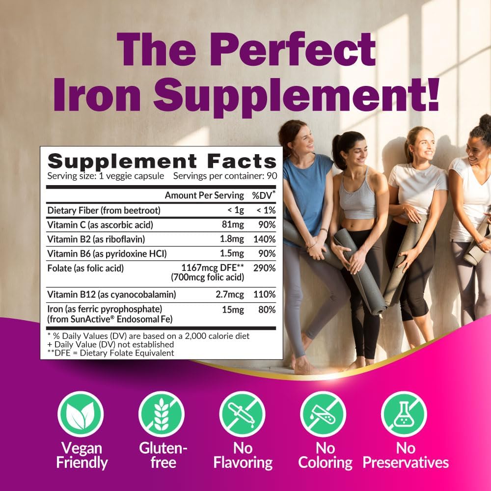 Gentle Iron Supplement for Women - 15mg Non-Constipating Vegan Capsules with No Metallic Aftertaste, Ideal for Sensitive Stomachs - 90 Count
