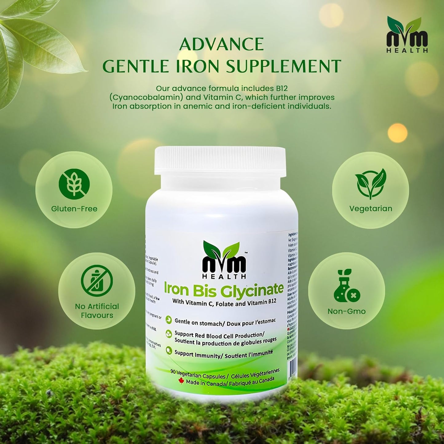 Gentle Iron Supplement with Vitamin C, B12, Folic Acid - Supports Red Blood Cells & Immunity - 90 Vegetarian Capsules