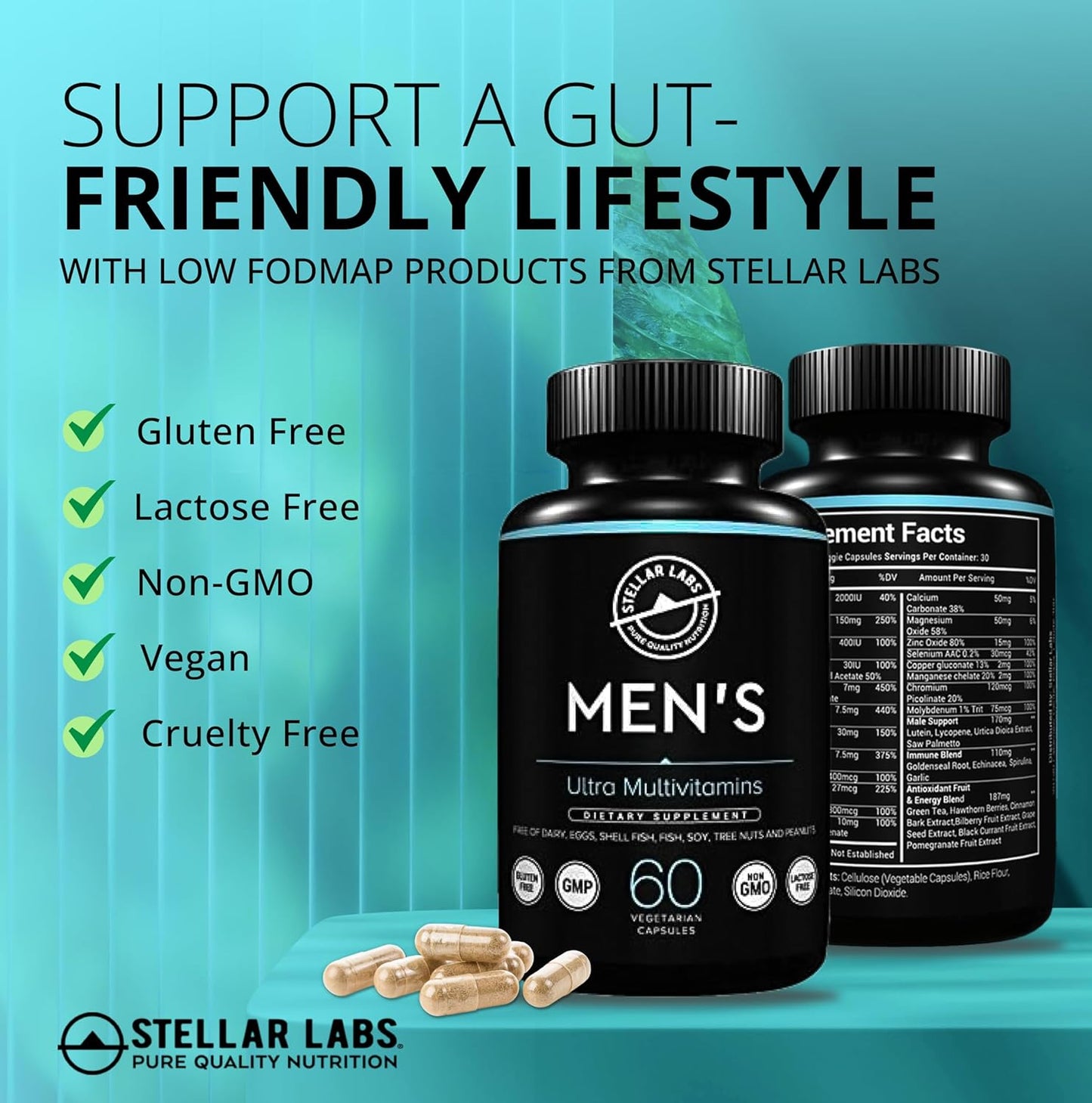Gentle Low FODMAP Vegan Men's Multivitamin for Sensitive Stomachs | Immune & Energy Support | Iron-Free IBS-Friendly Capsules