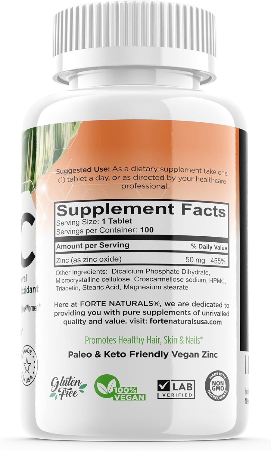 Gentle on the Stomach Vegan Zinc Supplement 50mg (100 Tablets) - Non GMO, Easy to Swallow Daily Vitamin for Adults by FORTE NATURALS