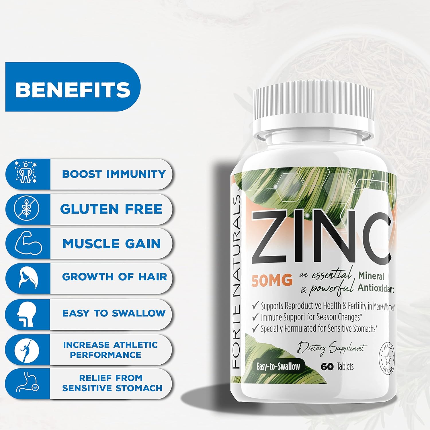 Gentle on the Stomach Vegan Zinc Supplement 50mg (100 Tablets) - Non GMO, Easy to Swallow Daily Vitamin for Adults by FORTE NATURALS
