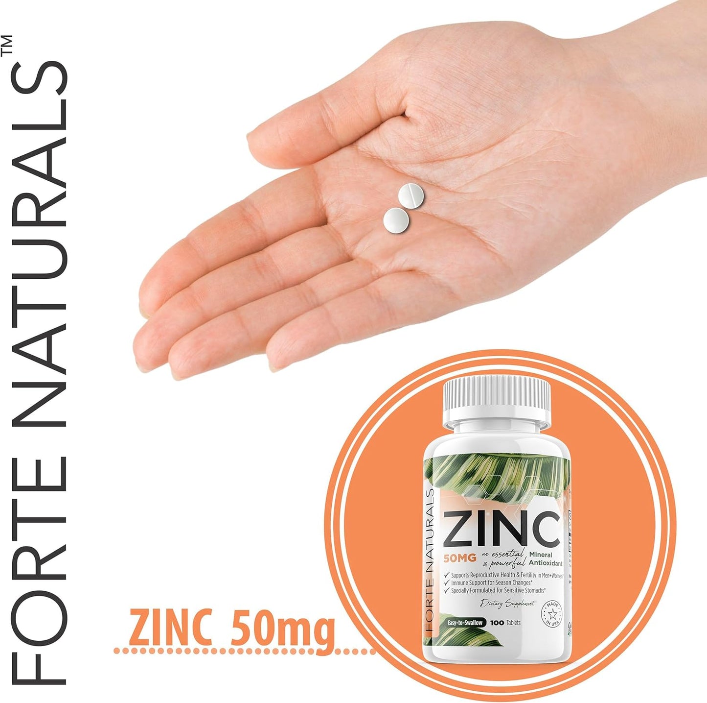 Gentle on the Stomach Vegan Zinc Supplement 50mg (100 Tablets) - Non GMO, Easy to Swallow Daily Vitamin for Adults by FORTE NATURALS