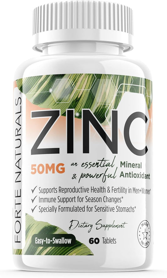 Gentle Zinc Supplements 50 mg for Sensitive Stomachs - 60 Tablets, Vegan & Non-GMO Daily Vitamins for Adults