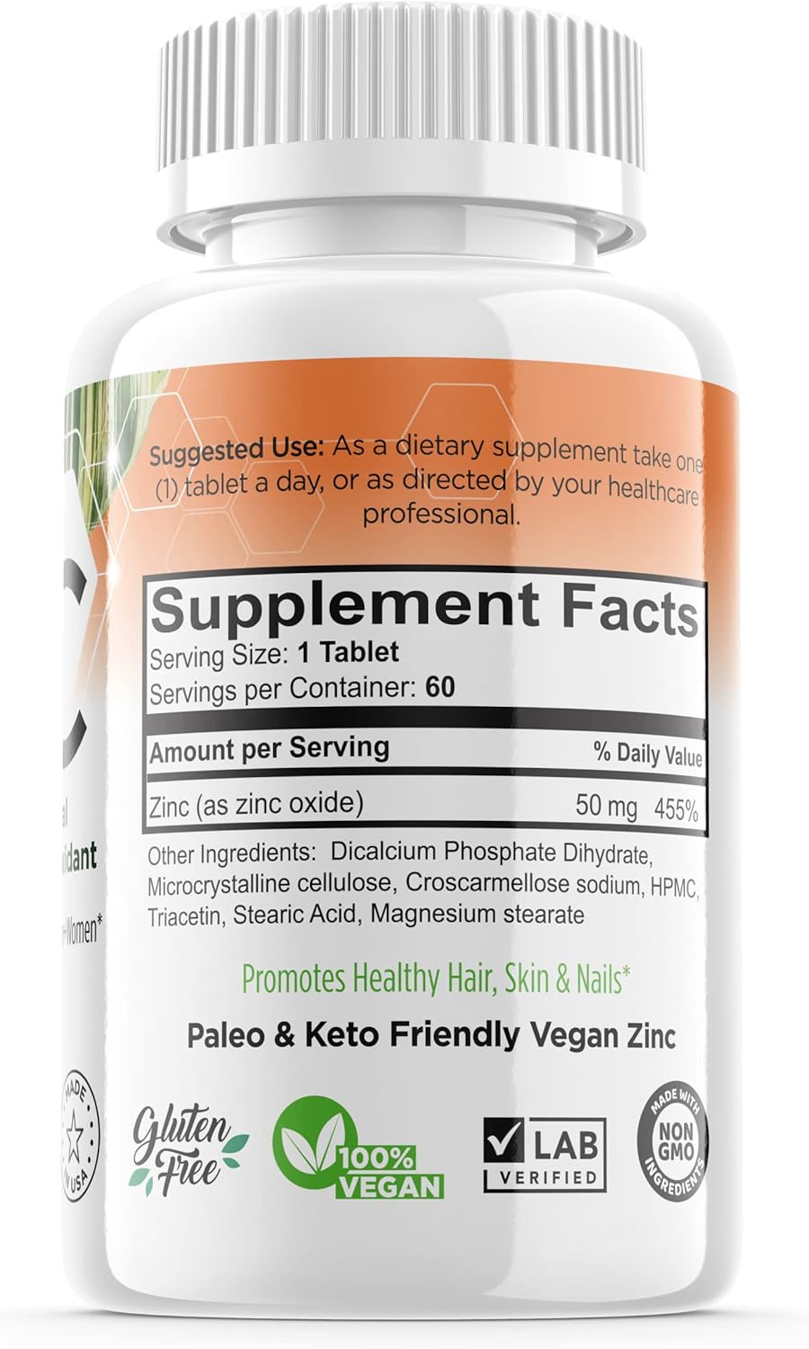 Gentle Zinc Supplements 50 mg for Sensitive Stomachs - 60 Tablets, Vegan & Non-GMO Daily Vitamins for Adults