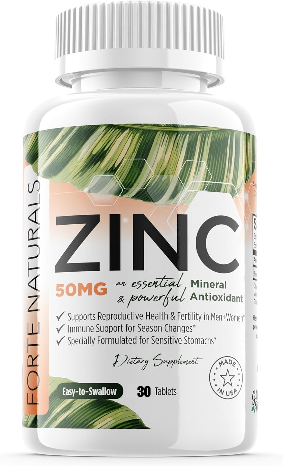 Gentle Zinc Supplements 50mg - 30 Tablets for Sensitive Stomachs - Vegan Adults Daily Vitamins - Non GMO, Easy to Swallow Zinc Tablets