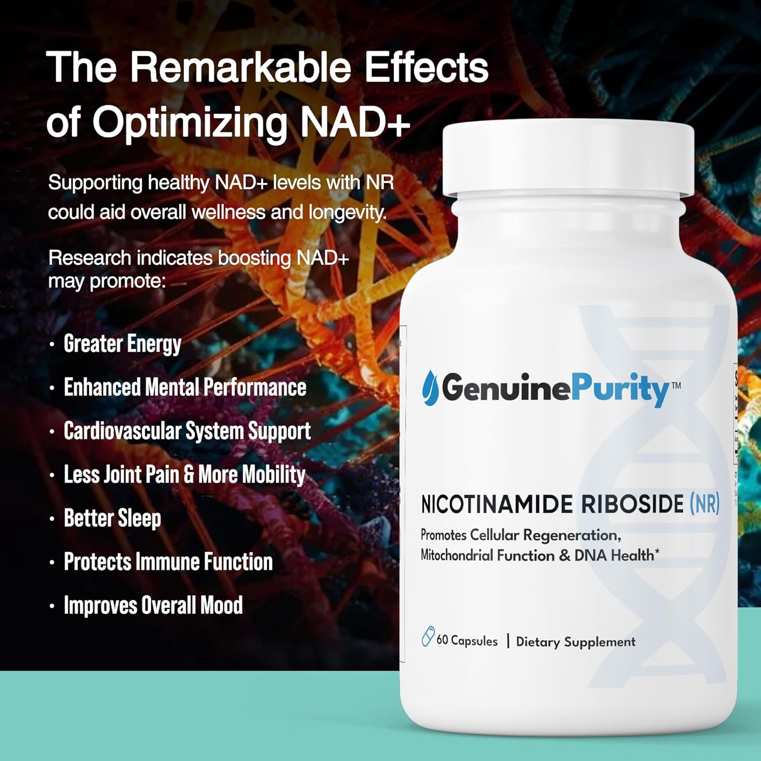 GenuinePurity Liposomal NR 300mg Supplement for Advanced NAD Boost - Supports Cellular Energy and Mitochondrial Function - Gluten Free, Vegan, Non-GMO - 60 Capsules