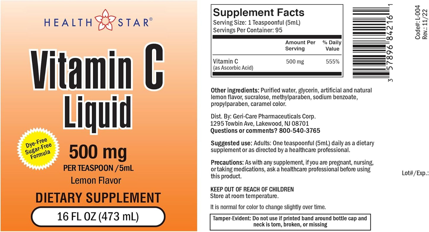 Gericare Vitamin C Liquid 500 mg - Immune Support and Health Boost - Orange Flavor - 16 Fl Oz Bottle