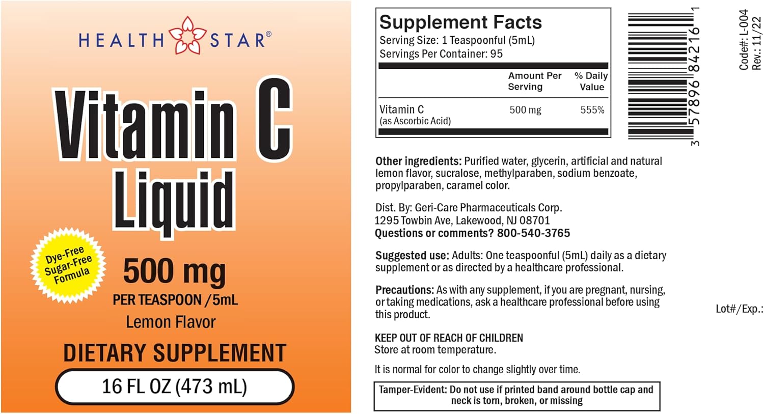 Gericare Vitamin C Liquid 500 mg - Immune Support and Health Boost - Orange Flavor - 16 Fl Oz Bottle
