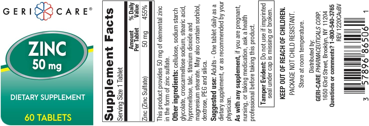 GeriCare Zinc Sulfate 220mg Dietary Supplement - 60 Count Bottle
