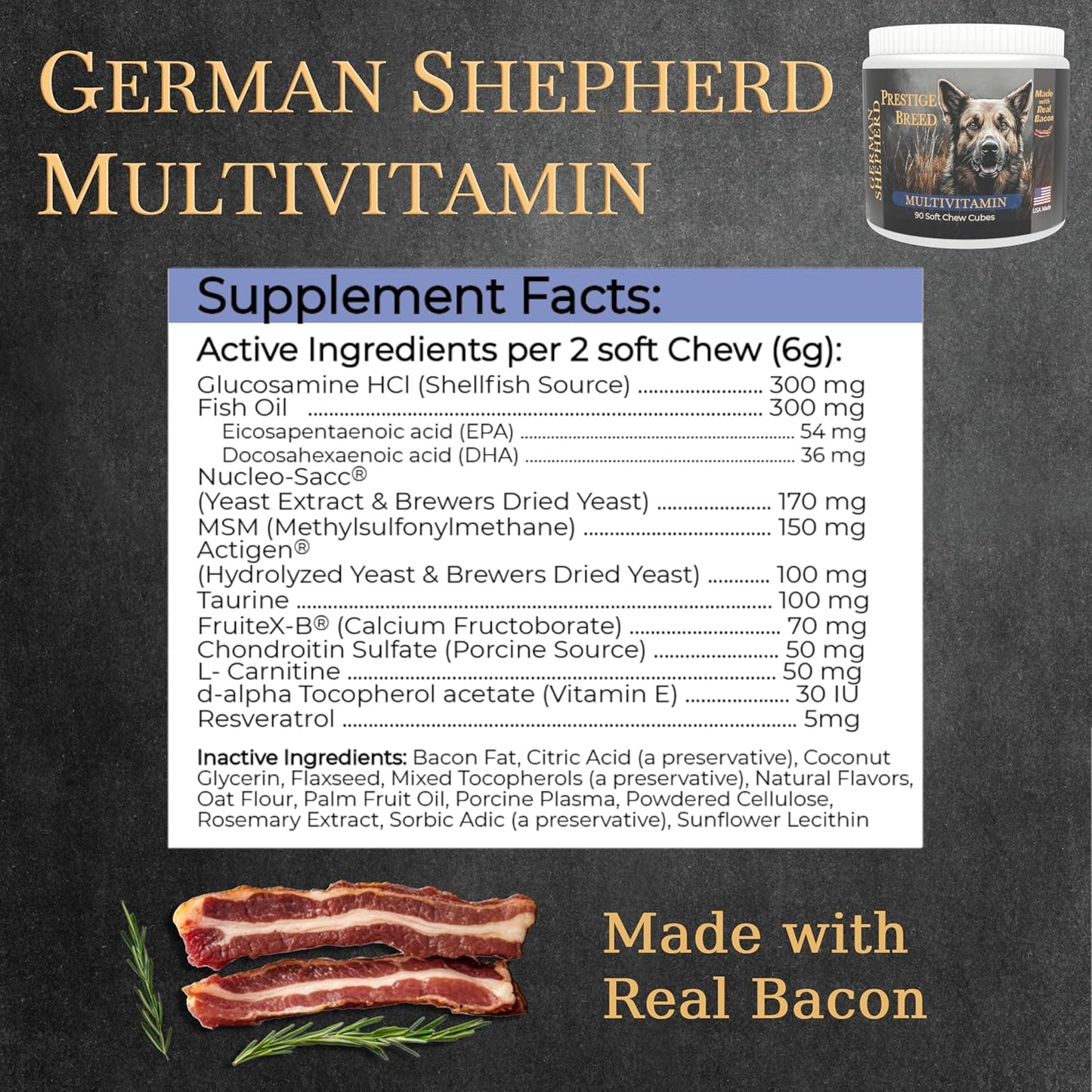German Shepherd Multivitamins, 90 Count - Premium Balanced Nutrition with Real Bacon, Made in USA