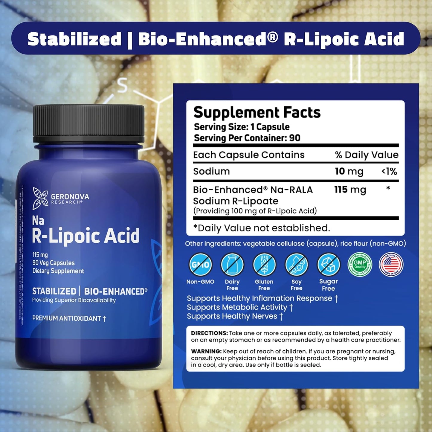 Geronova Research R-Lipoic Acid 115mg Capsules - Alpha Lipoic Solution Bundle, 90 Count