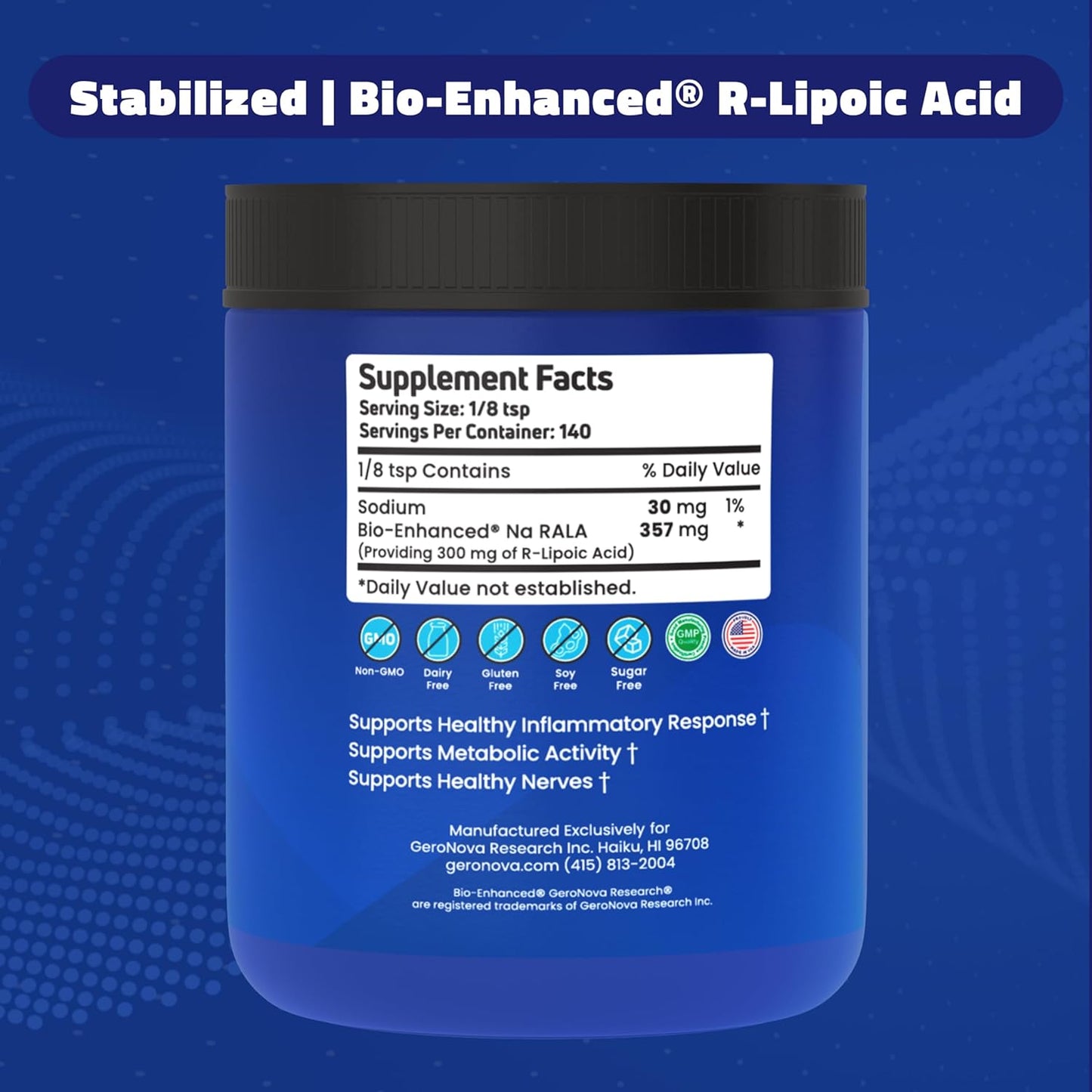 Geronova Research Stabilized R Alpha Lipoic Acid Powder 150g - 12 Month Supply - Enhanced Absorption Nerve Support Supplement
