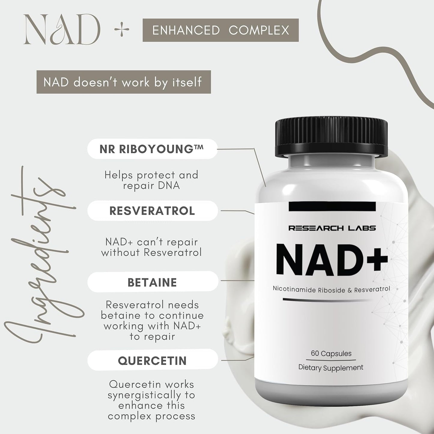 Get 2 for 1: Research Labs NAD+ Supplement with RiboYOUNG™ Formula. NRF2 Activator with Nicotinamide Riboside, Quercetin, Resveratrol, and Betaine for True Anti-Aging Benefits.