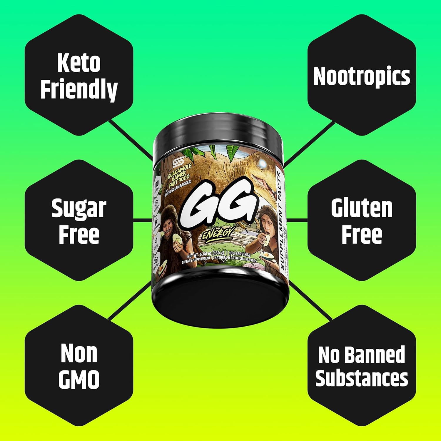 GG Energy Guacamole Gamer Fart 9000: Keto-Friendly Energy Drink with Caffeine, Vitamins, and Nootropics - 100 Servings