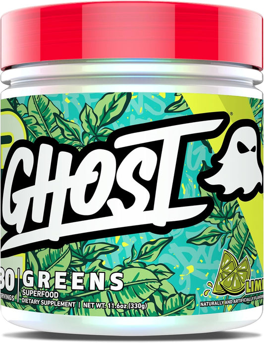 GHOST Greens Powder Lime - 30 Servings Superfood Greens Reds Fruits Vegetables Spirulina Chlorella Prebiotics 10 Billion CFU Probiotic Digestive Enzymes Gluten-Free