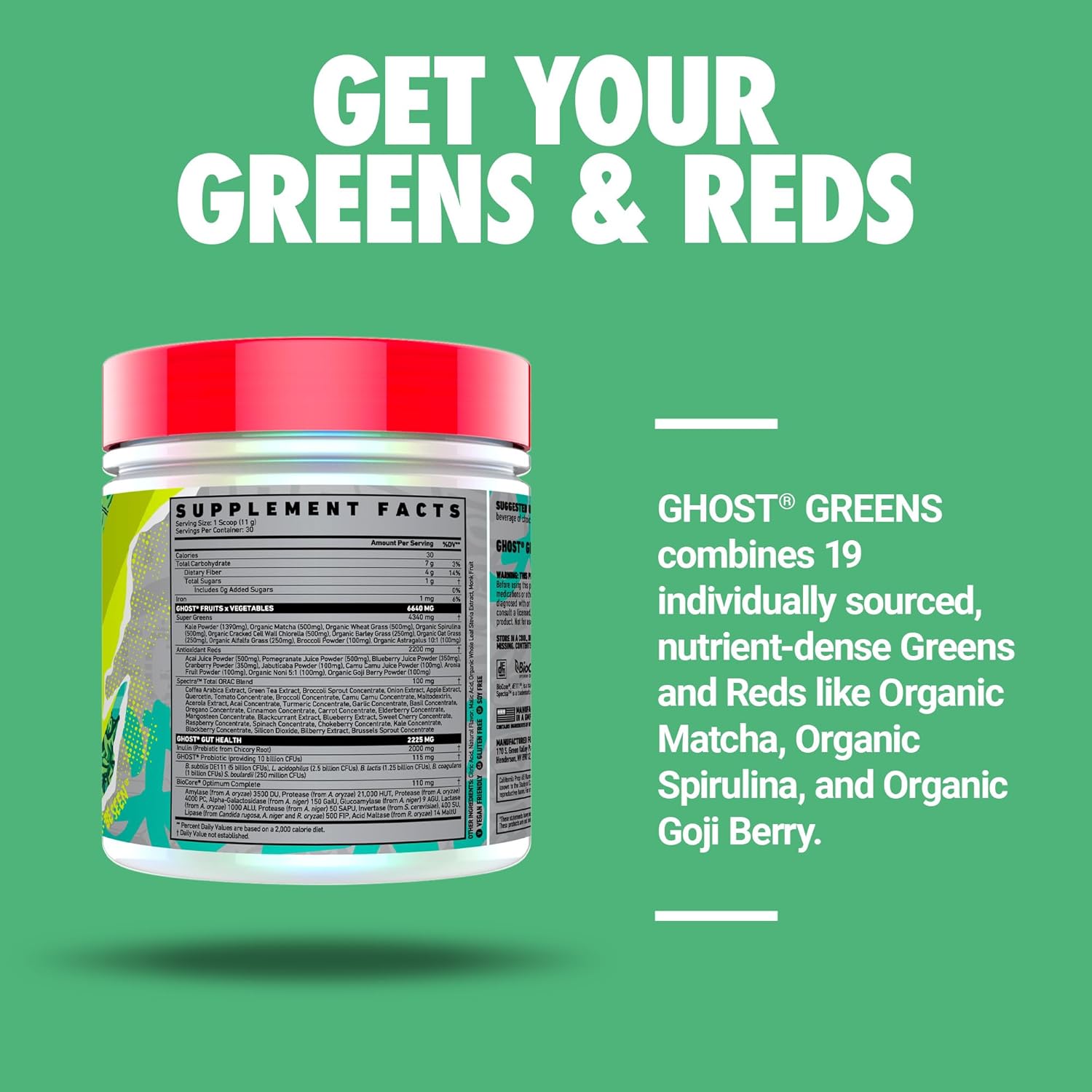 GHOST Greens Powder Lime - 30 Servings Superfood Greens Reds Fruits Vegetables Spirulina Chlorella Prebiotics 10 Billion CFU Probiotic Digestive Enzymes Gluten-Free