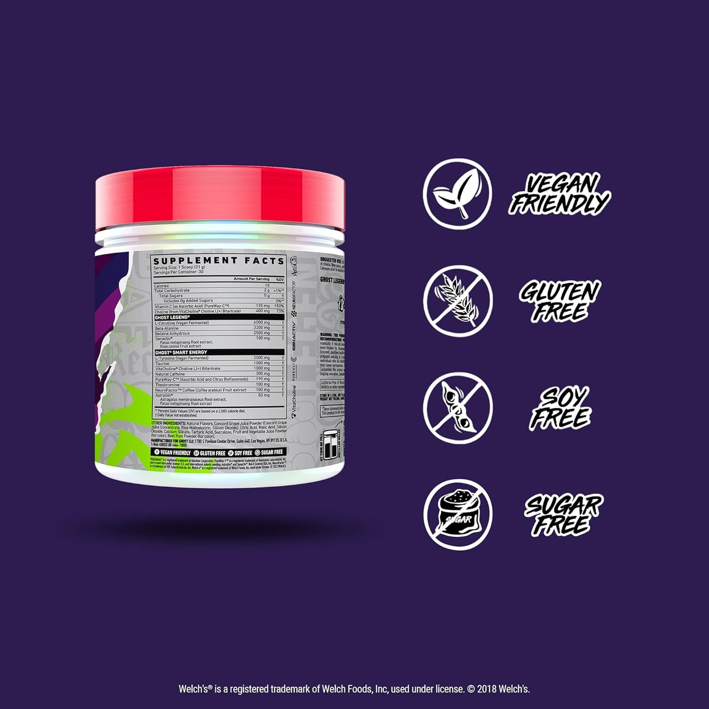 GHOST Legend V4 Pre-Workout Powder, Welch's Grape Flavor - 30 Servings for Energy & Focus, with Choline, L-Citrulline, Beta Alanine - Pre-Workout for Men & Women