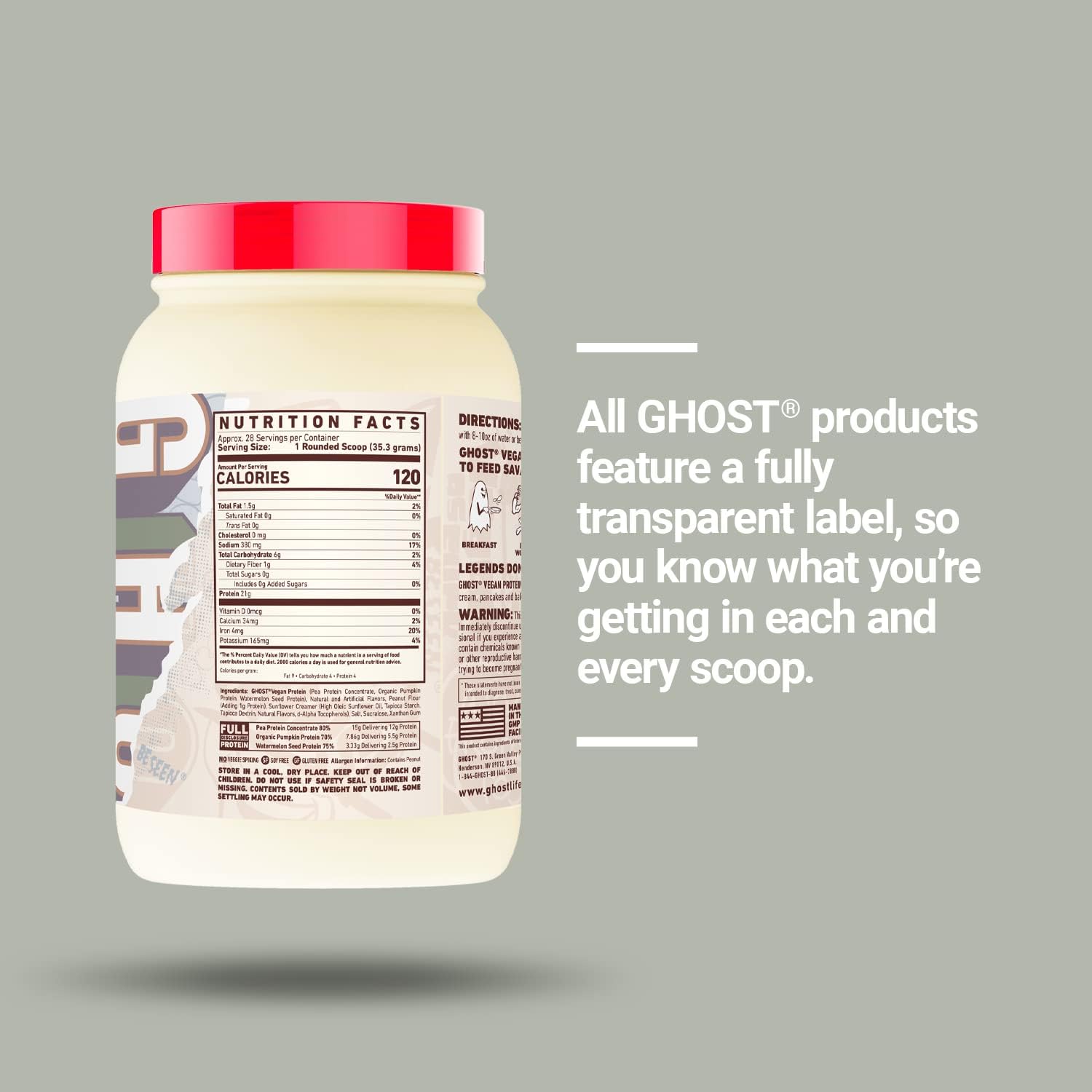 GHOST Vegan Protein Powder, Peanut Butter Cereal Milk - 2.2lb, 21g Protein - Plant-Based Pea & Pumpkin Protein - Ideal for Post Workout & Nutrition Shakes, Smoothies, & Baking - Soy & Gluten-Free