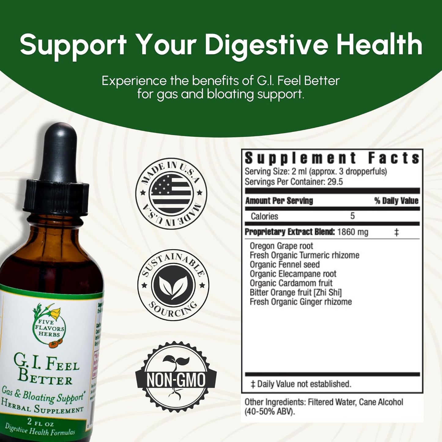 G.I. Feel Better Tincture - Gas & Bloating Support with Turmeric, Elecampane, Ginger, and Cardamom - Herbal Supplement for Digestive Health - 2 Fl Oz