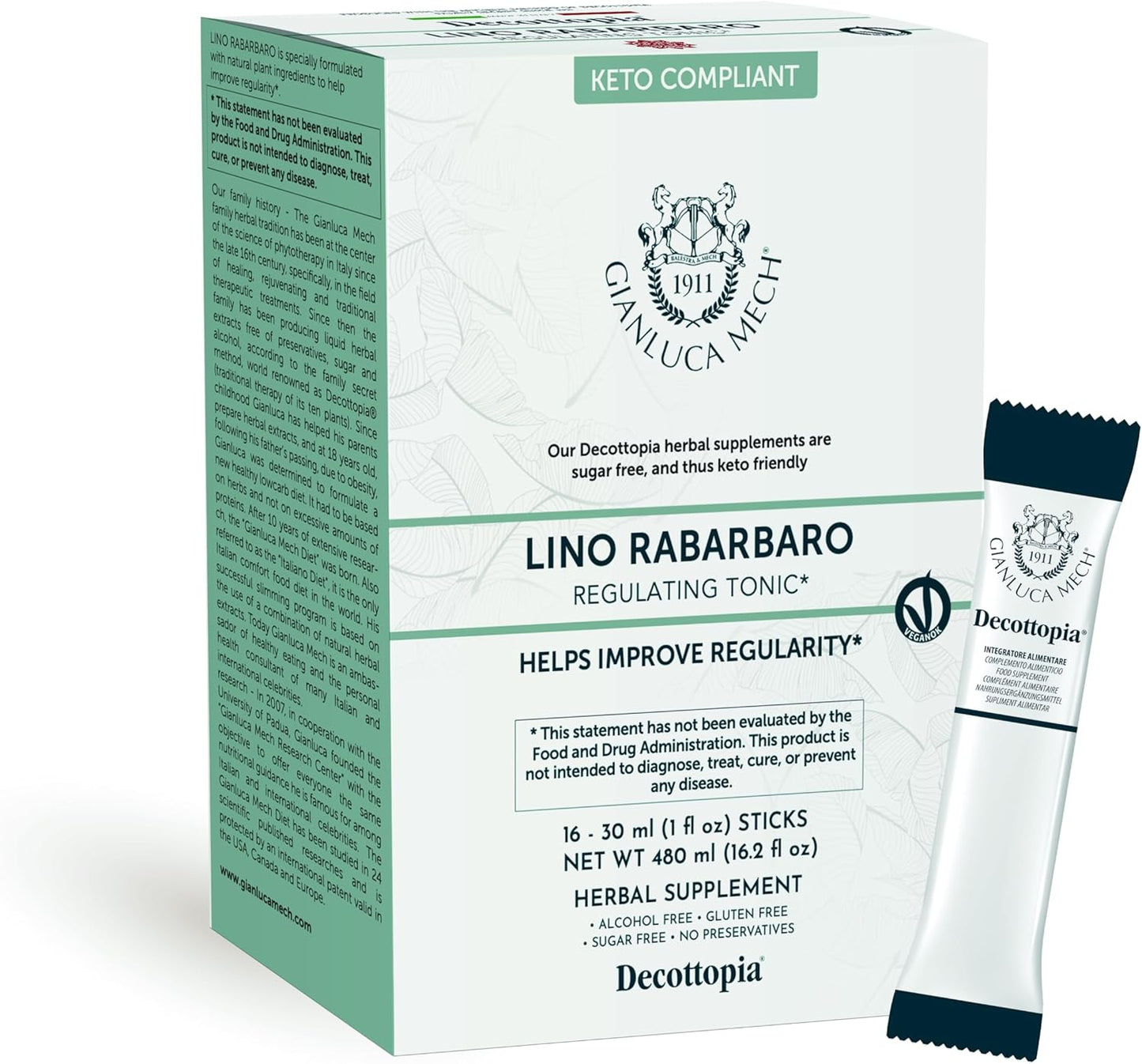 GIANLUCA MECH SpA Rhubarb Flax Diuretic Tonic Sticks - Keto Compliant Food Supplement (16x30ml)