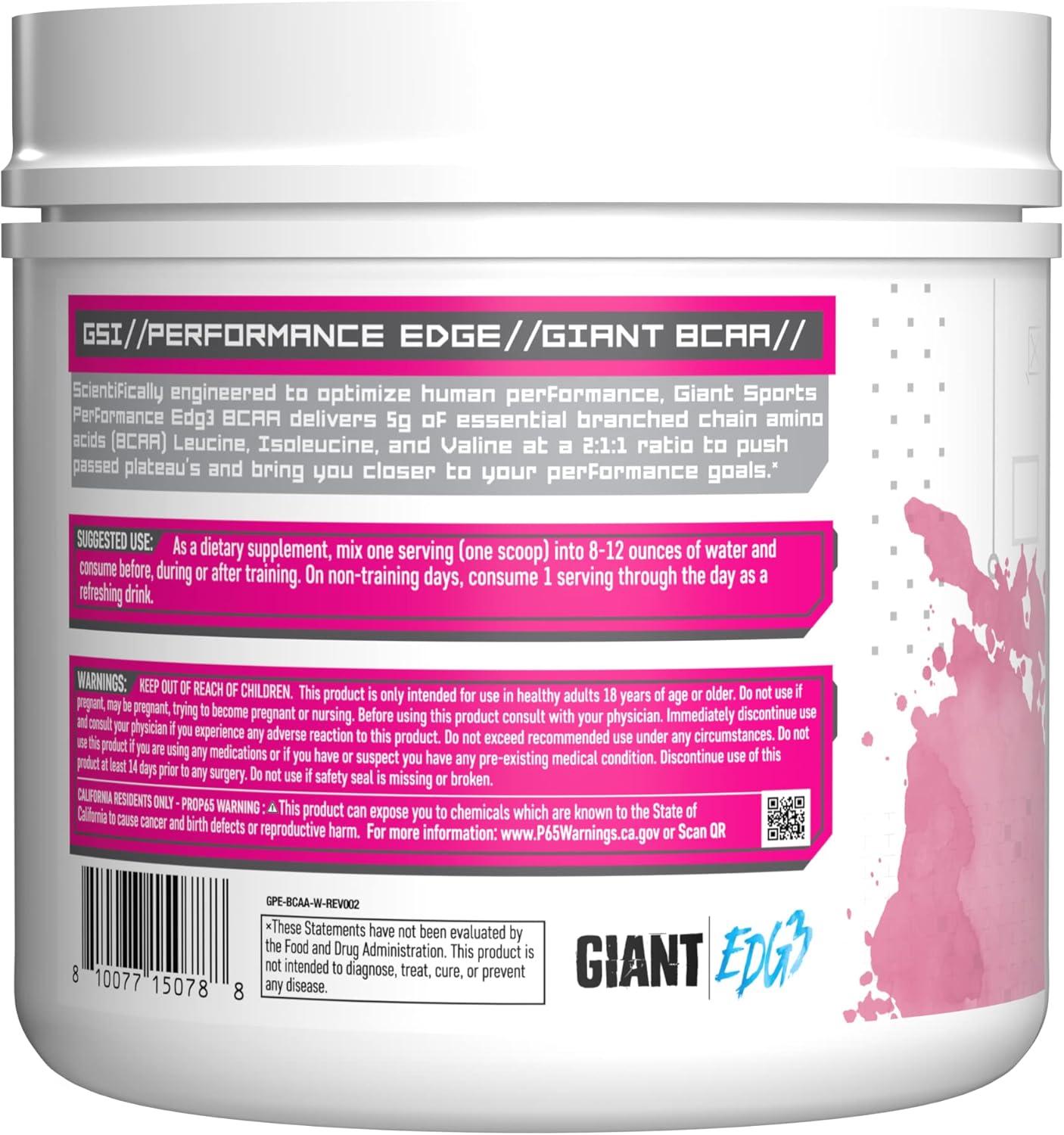Giant Performance Edge BCAA Watermelon Flavor - 60 Servings, Boost Performance & Recovery