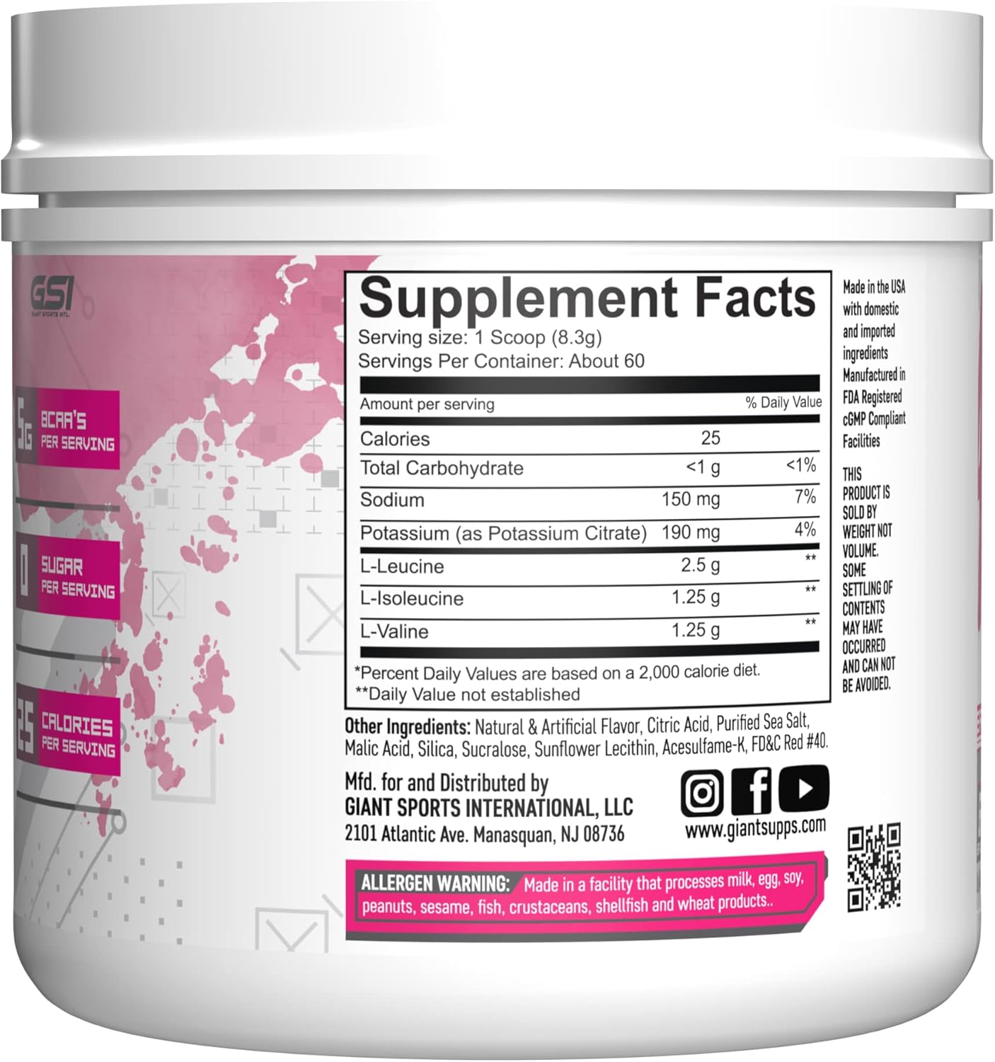 Giant Performance Edge BCAA Watermelon Flavor - 60 Servings, Boost Performance & Recovery
