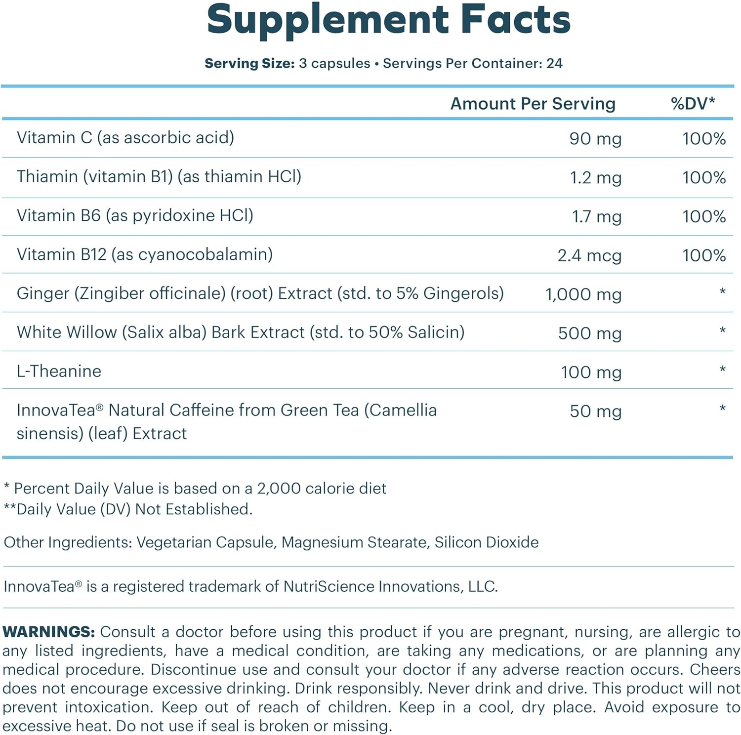 Ginger & White Willow Bark Hangover Relief Supplement | 24 Doses | Post-Drinking Aid with L-Theanine & Caffeine | Feel Better Fast