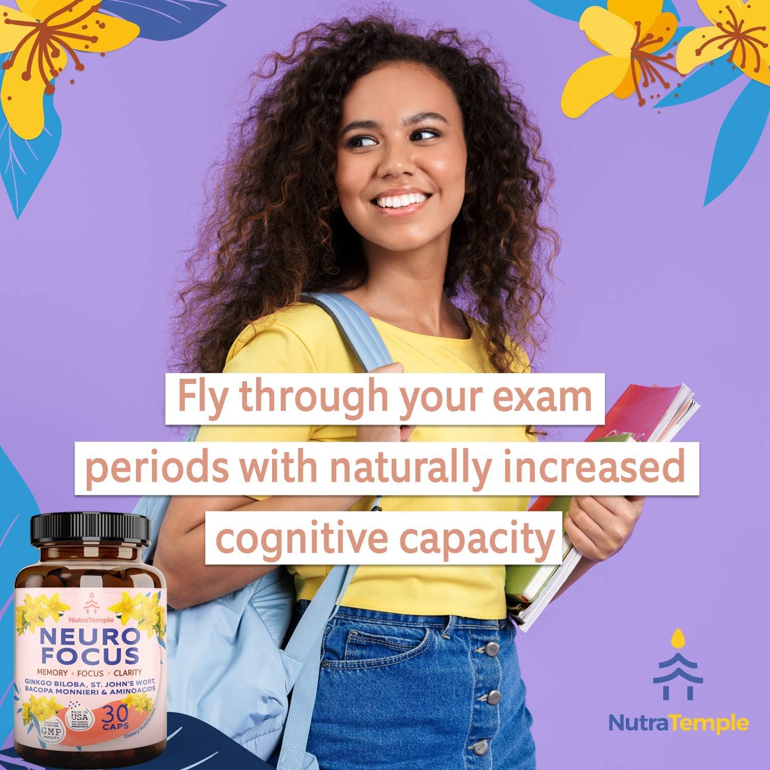 Gingko Biloba Nootropic Supplement for Memory, Focus, and Clarity with Bacopa Monnieri and St. Johns Wort - 30 Capsules