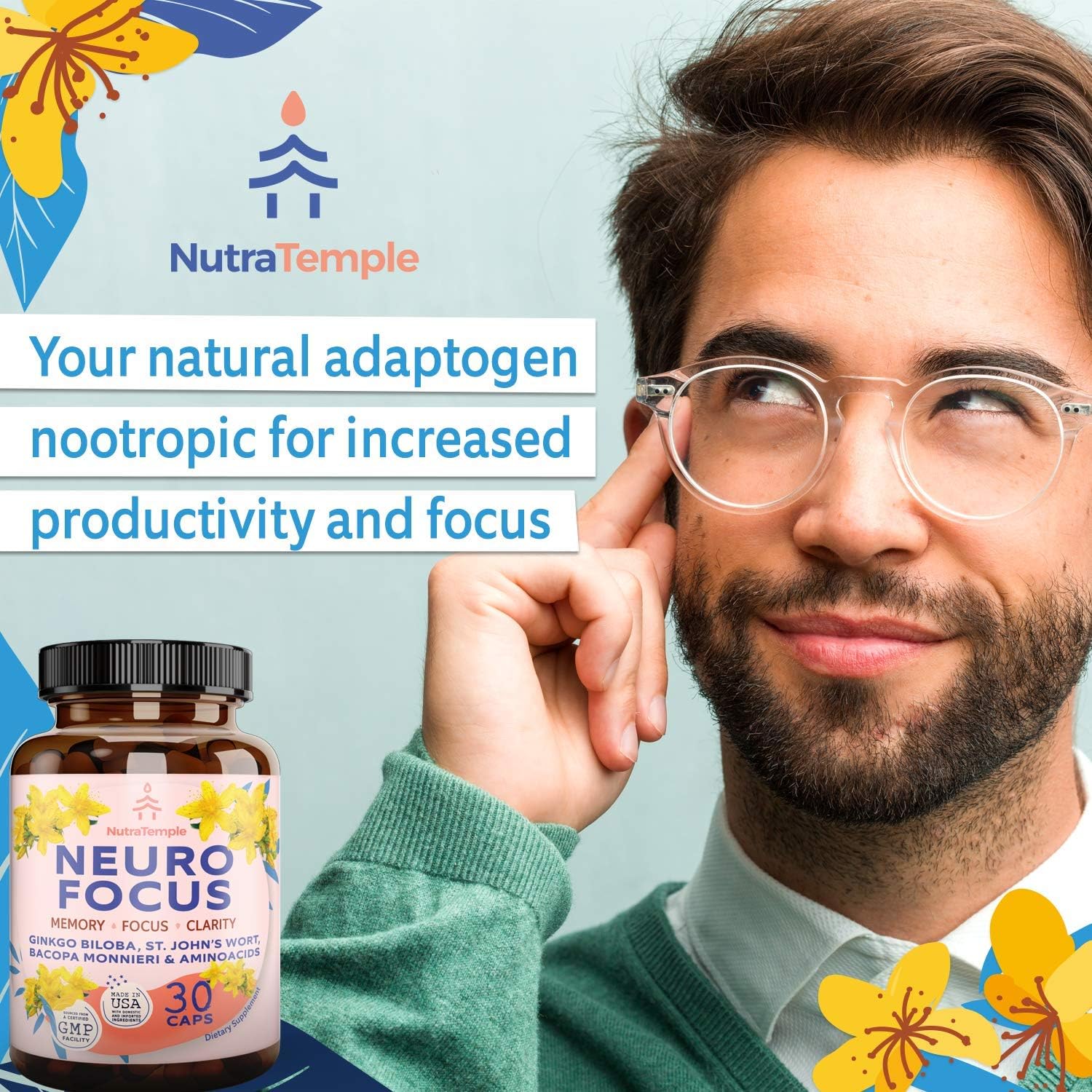 Gingko Biloba Nootropic Supplement for Memory, Focus, and Clarity with Bacopa Monnieri and St. Johns Wort - 30 Capsules