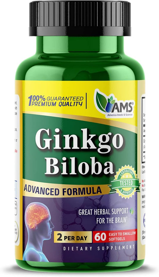 Ginkgo Biloba 60mg Softgels for Brain Boost | Herbal Mind Enhancer Supplement for Men & Women | America Medic & Science
