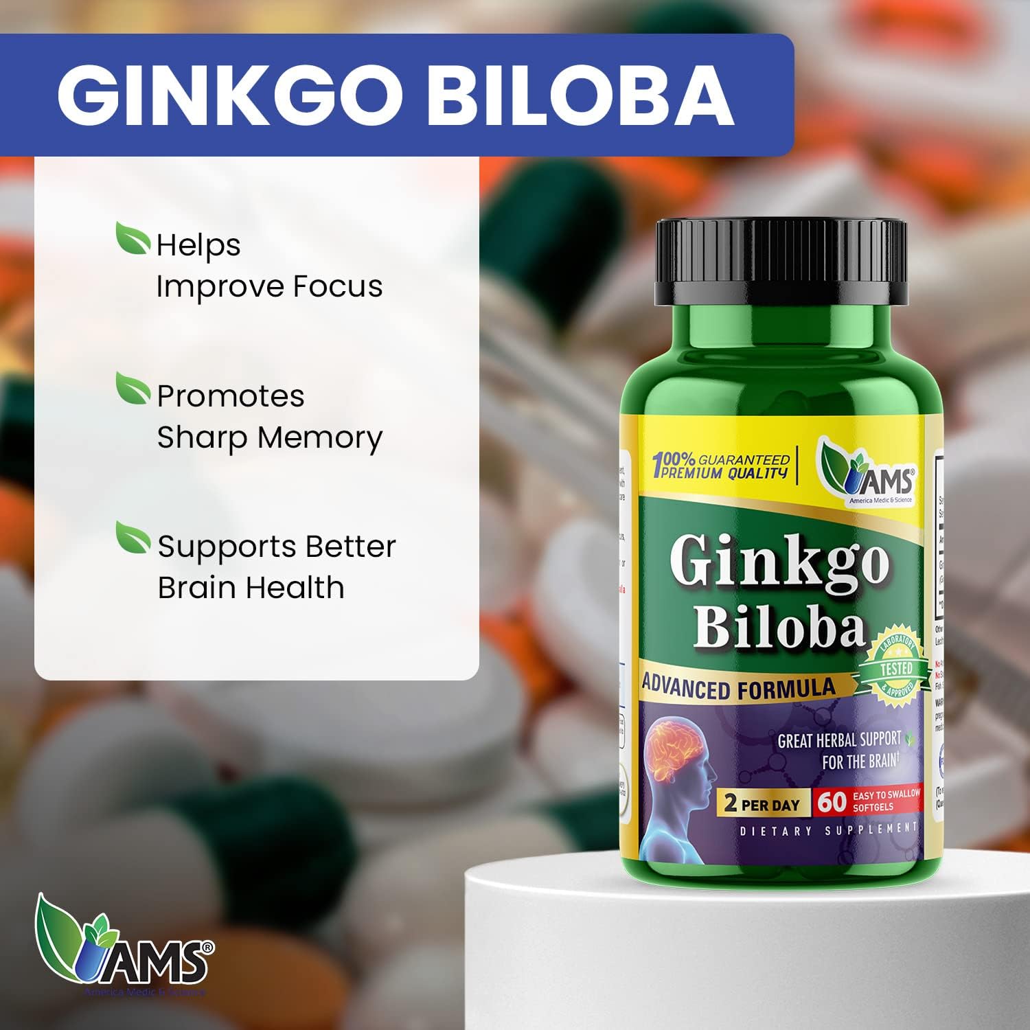Ginkgo Biloba 60mg Softgels for Brain Boost | Herbal Mind Enhancer Supplement for Men & Women | America Medic & Science