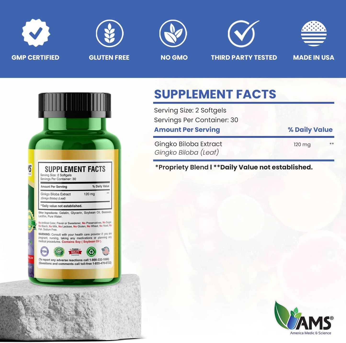 Ginkgo Biloba 60mg Softgels for Brain Boost | Herbal Mind Enhancer Supplement for Men & Women | America Medic & Science