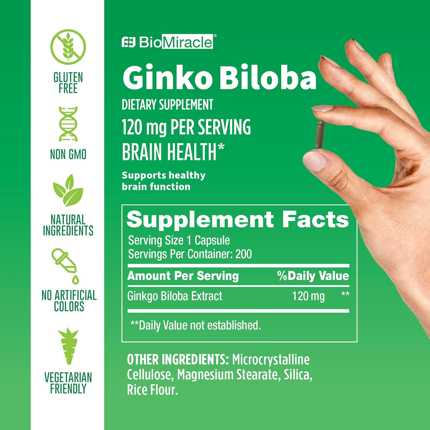Ginkgo Biloba Dietary Supplement 120mg Capsules - Promotes Brain Health & Function - 180 Servings