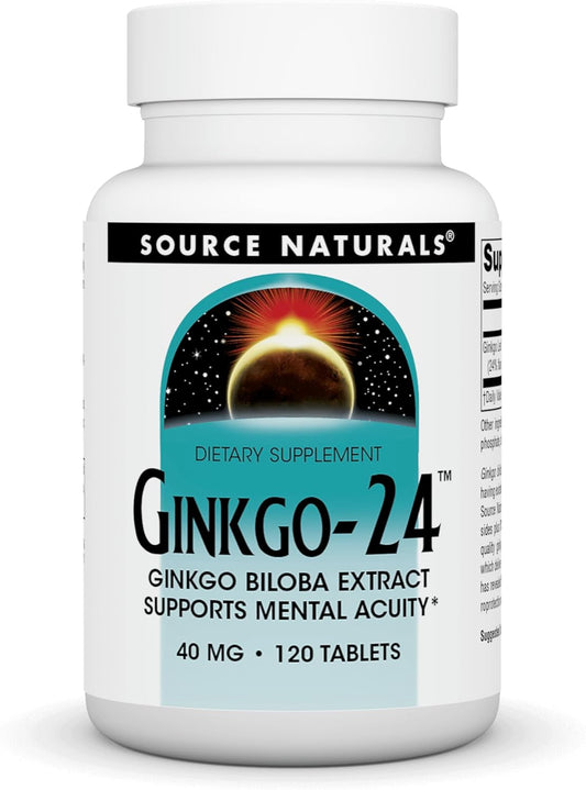 Ginkgo Biloba Extract 40mg Tablets - Promotes Mental Acuity - Source Naturals Ginkgo-24 - 120 Count